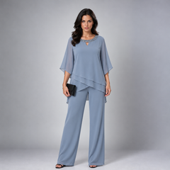 Rosamund tiered chiffon two-piece set in dusty blue
