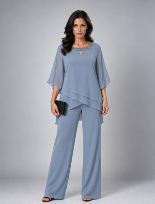 Rosamund tiered chiffon two-piece set in dusty blue
