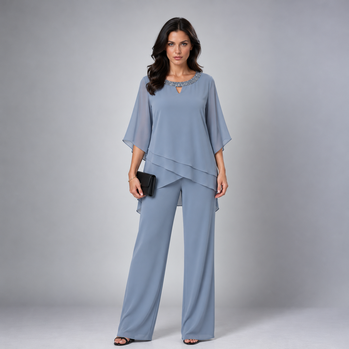 Rosamund tiered chiffon two-piece set in dusty blue
