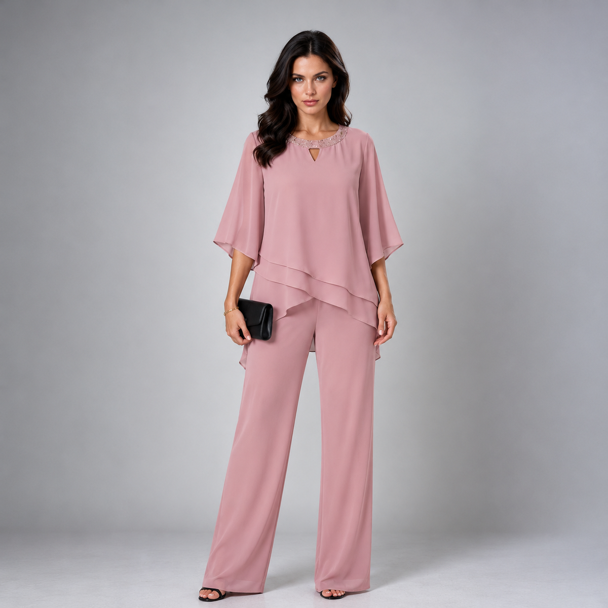 Rosamund tiered chiffon two-piece set in dusty pink