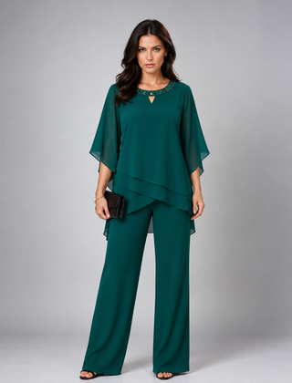 Rosamund tiered chiffon two-piece set in emerald green
