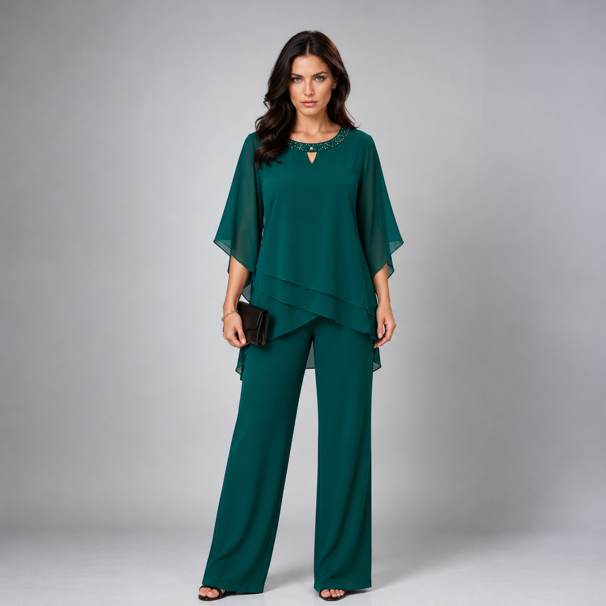 Rosamund tiered chiffon two-piece set in emerald green