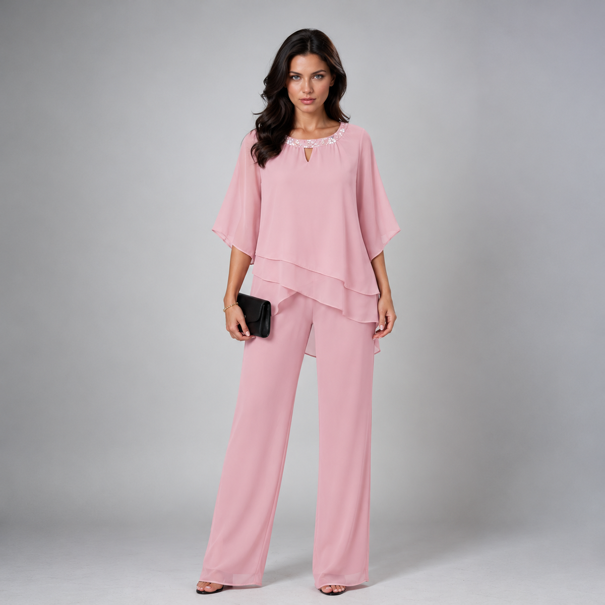 Rosamund tiered chiffon two-piece set in light pink