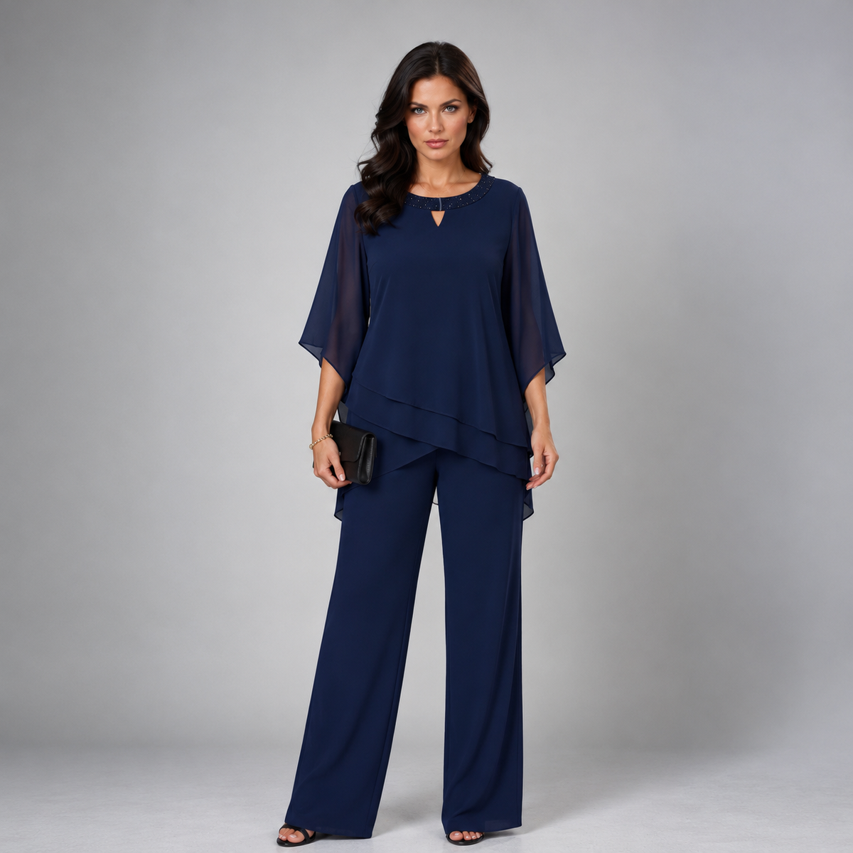 Rosamund tiered chiffon two-piece set in navy blue