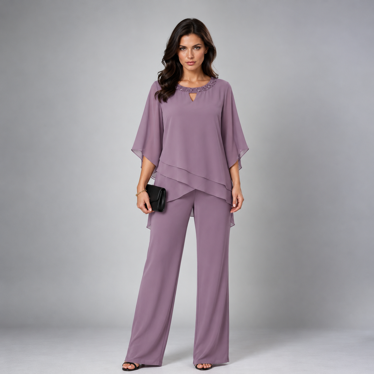 Rosamund tiered chiffon two-piece set in purple