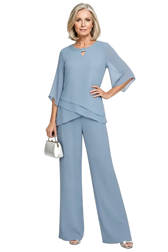 Elodie chiffon mother of the bride pant set in dusty blue