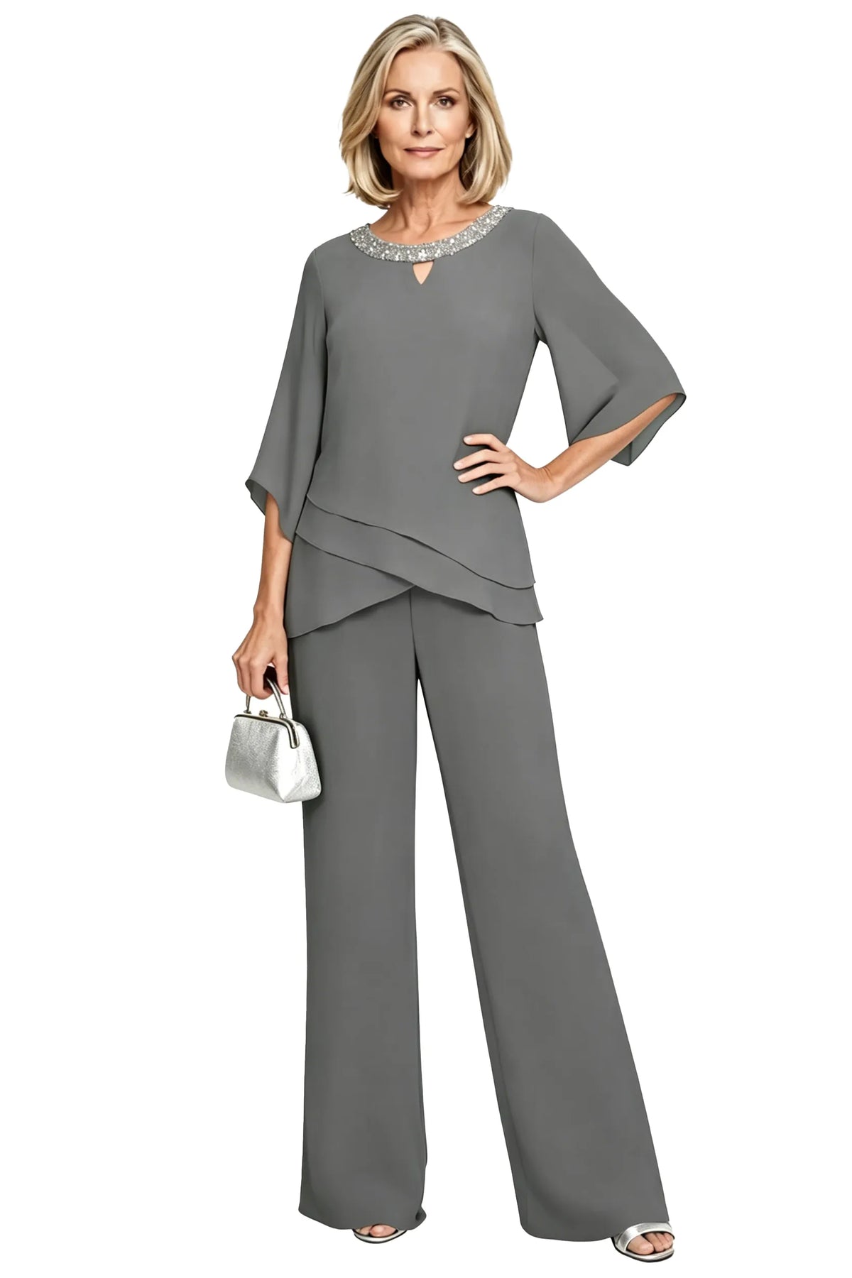 Elodie chiffon mother of the bride pant set in grey