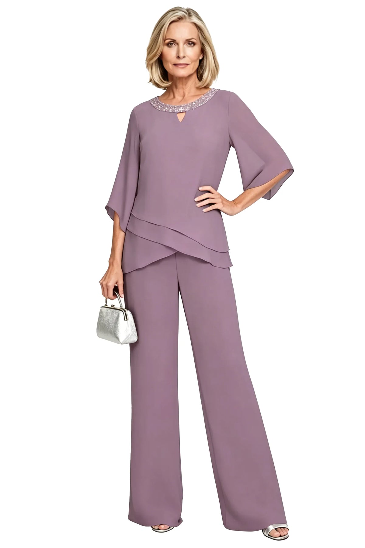 Elodie chiffon mother of the bride pant set in frosted lilac
