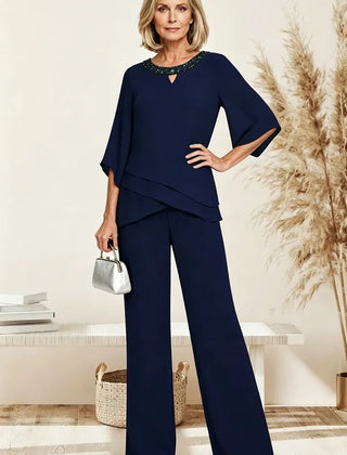 Elodie chiffon mother of the bride pant set in dark navy