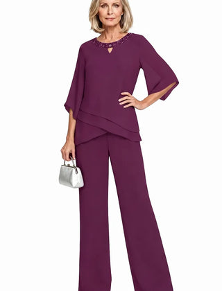 Elodie chiffon mother of the bride pant set in plum