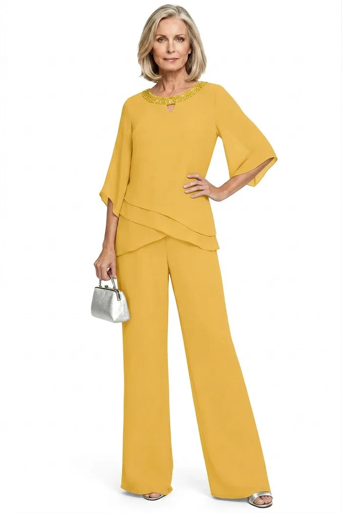 Elodie chiffon mother of the bride pant set in lemon sorbet